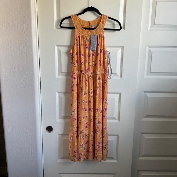Daniel Rainn Orange Floral Halter Tiered Midi Dress - Size Small - Picture 1 of 9